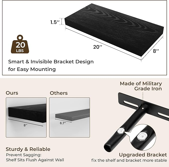 RICHFOCUS 20Inch Floating Shelves for Wall 2 Pack Shelves for Bedroom|Kitchen|Bathroom|Laundry Room Rustic Wood Wall Mounted Shelf with Invisible Brackets for Books|Storage|Decor, Black