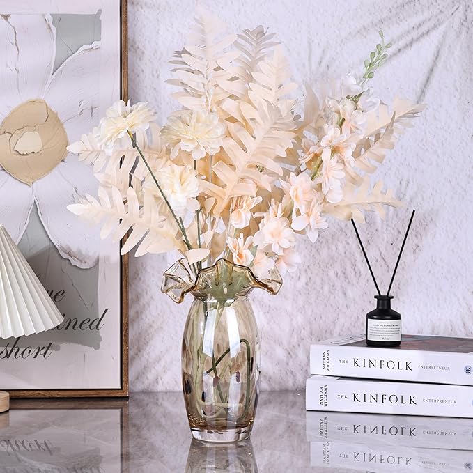 Hand Blown Amber Glass vase, Unique Glass Wide Mouth vase for Console Office TV Stand Coffee Table entryway Entrance Desktop Living Room Dining Table Centerpiece.