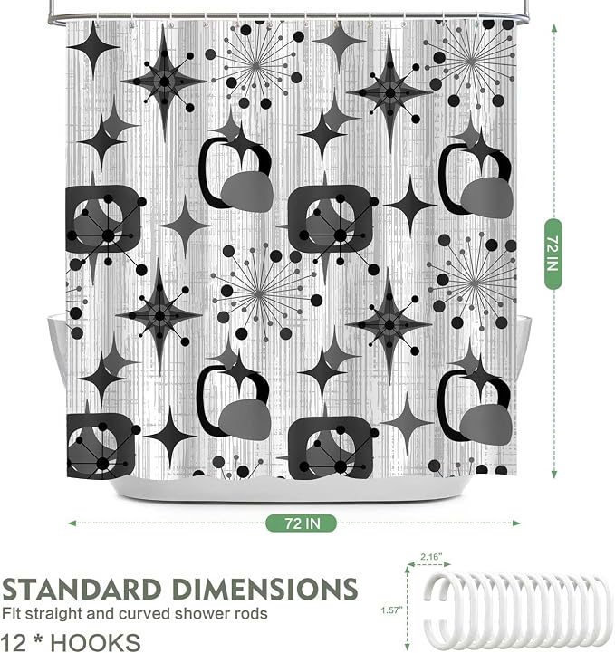 Mid Century Shower Curtain, 72x72inch, Modern Abstract Retro Grey Striped Geometric Shower Curtain Sets 1950s Boho Bathroom Shower Curtain with 12 Hooks