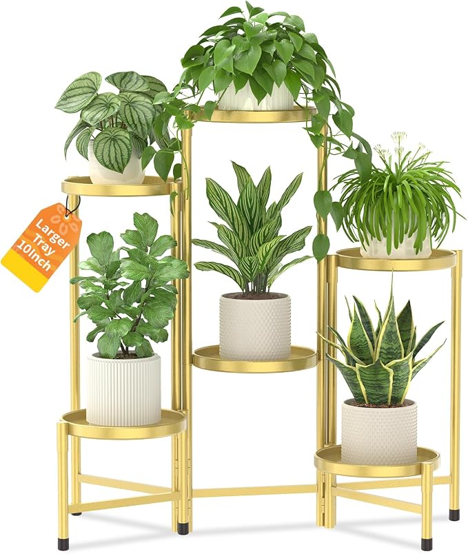 LASZOLA 6 Tier Large Plant Stand Indoor Tall with 10 Inch Metal Tray, Corner Folding Flower Display Rack, Modern Plant Holder Shelf for Outdoor Patio Porch Garden Office Living Room, Gold
