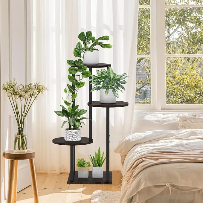 4 Tier Plant Stand Indoor, Metal Wooden Tall Plant Shelf Flower Pot Stand for Multiple Plants, Corner Flower Holder Plant Display Rack for Living Room Balcony Patio Garden (Black)