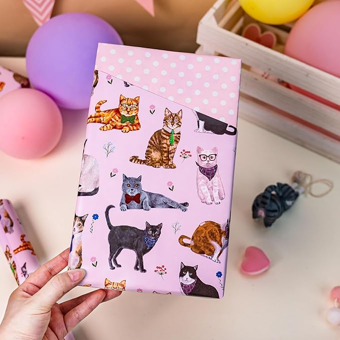 Burymento Pink Lovely Cat Wrapping Paper, Reversible Wave Point Gift Wrap for Birthday, Valentines, Mothers day, Graduation, Wedding, Fathers day, Baby Shower, Christmas (17in x 16.4ft)