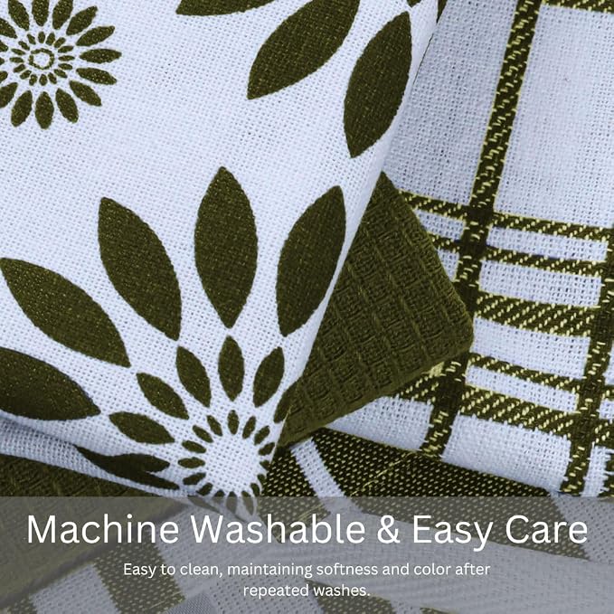 Assorted Kitchen Towels Set of 5-100% Cotton Dish Cloths Towels with Hanging Loop - Soft, Absorbent & Washable for Kitchen Use - Quick Drying Dish Towels 16x26 Inch Green