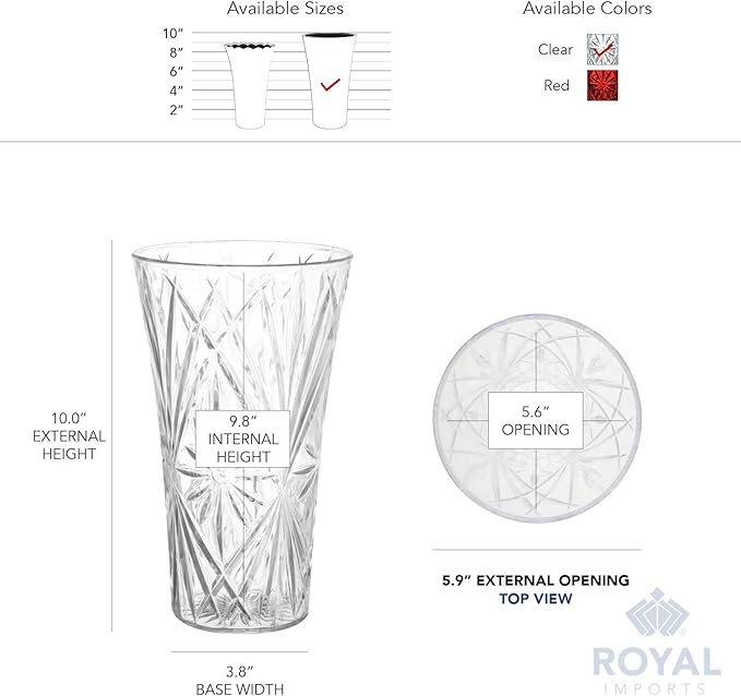 Royal Imports Flower Acrylic Vase Decorative Centerpiece for Home or Wedding Non-Breakable Plastic - 10" Tall, 6" Opening - Clear