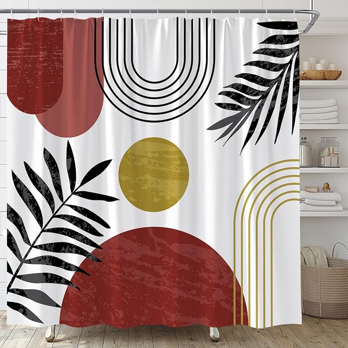 Mid Century Modern Shower Curtain Boho Red Abstract Retro Aesthetic Fabric for Bathroom Decor Bathtub with Hooks (67" WX70 H)