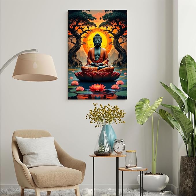 Canvas wall art Golden Buddha on lotus at sunset Ancient trees with reflections on water Serene meditation scene Uplifting wall art for mindfulness and tranquil home decor 24x36in Wood Framed
