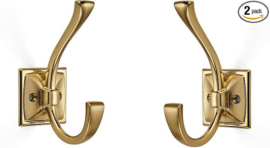 Large Wall Hooks 2 Pack Champagne Brozne Coat Hooks Hardware Towel Hooks for Hanging Coats 4.35 Inch Double Robe Hooks Wall Mounted with Screws for Key, Towel, Bags, Cup, Hat