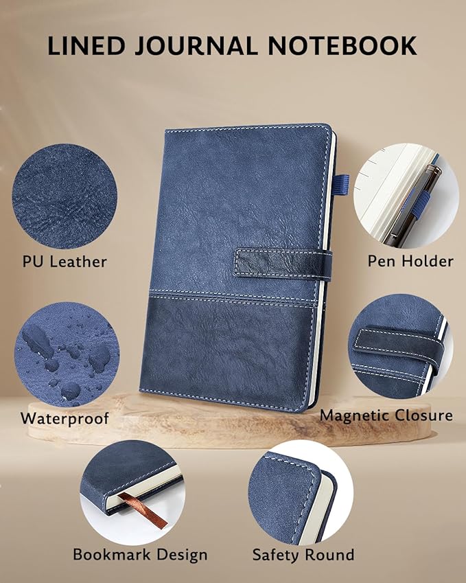 HULIPARK Leather Notebook Journal with Pen, A5 Lined Hardcover Notebook with Magnetic Closure, 240 Pages Daily Journal for Men Women, Ruled Journals Notebooks for Work, Writing, Note Taking - Blue