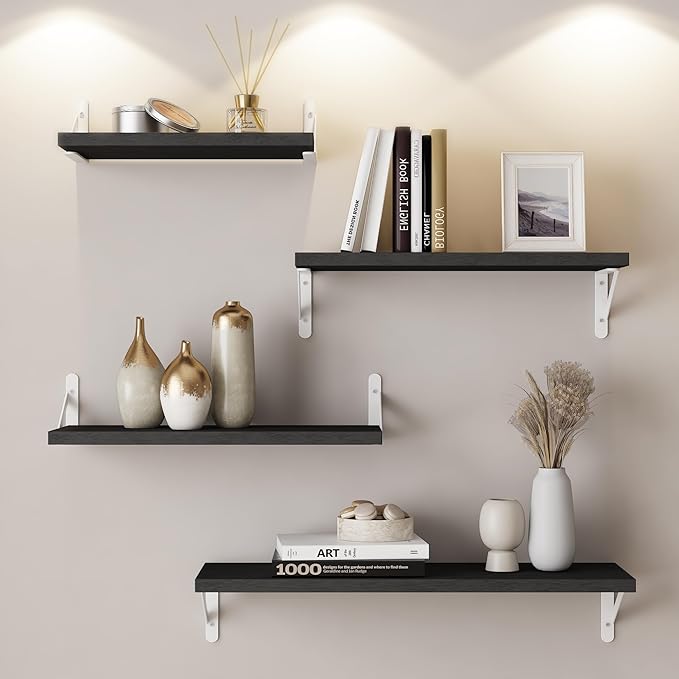 YGEOMER Floating Shelves for Wall, Different Sizes Black Wall Shelves for Living Room, Bathroom, Bedroom, Kitchen, Home Decor (Set of 4)