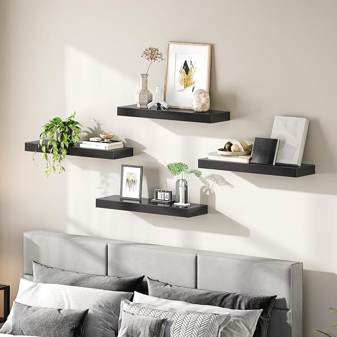 HOOBRO Floating Shelves for Wall, Wall Mounted Shelf Set of 2, 23.6" Hanging Shelf with Invisible Brackets, for Wall Decor Storage in Bathroom Bedroom Kitchen Living Room Office, Black BK60BJ01