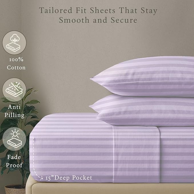 Threadmill 500 Thread Count Twin-XL Size Damask Stripe, 3 Pc Luxury Cotton Sheet Set, Breathable & Silky Soft Lilac Sheets with 15" Elasticized Deep Pocket, 1 Pillowcase & Free Tote Bag