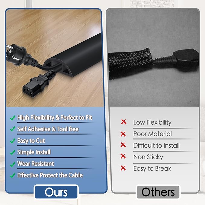Floor Cord Cover for Wires on Floor Self Adhesive Cord Hider Floor Cable Management Wire Covers for Cords Protector Prevent Cable Trips Cord Cavity W 0.51" x H 0.31", Black, 3.3Ft