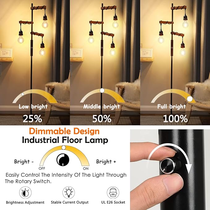 Dimmable Industrial Floor Lamp,Modern Farmhouse Tree Standing Lamps for Living Room Bedroom Office Rustic Home Decor