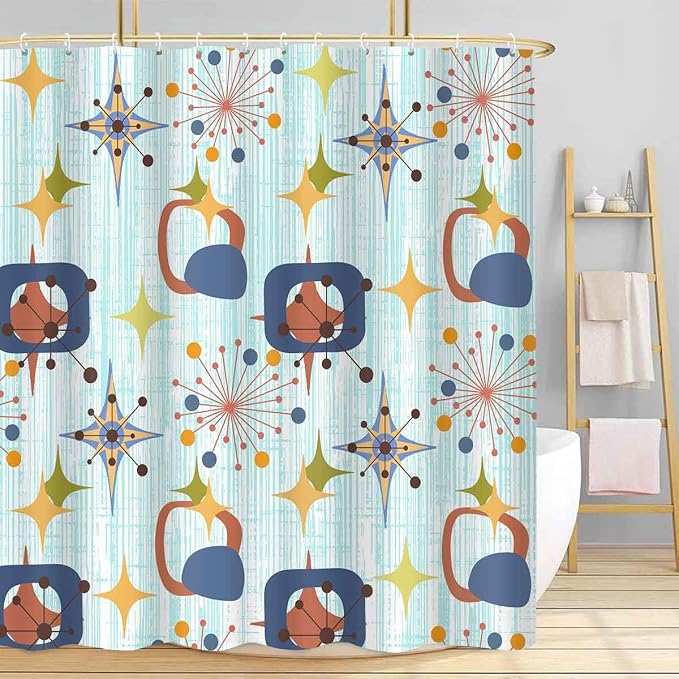 Mid Century Shower Curtain, 72x78inch, Modern Abstract Retro Blue Striped Geometric Shower Curtain Sets 1950s Boho Bathroom Shower Curtain with 12 Hooks