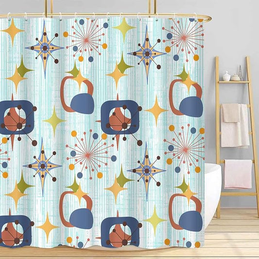 Mid Century Shower Curtain, 72x84inch, Modern Abstract Retro Blue Striped Geometric Shower Curtain Sets 1950s Boho Bathroom Shower Curtain with 12 Hooks