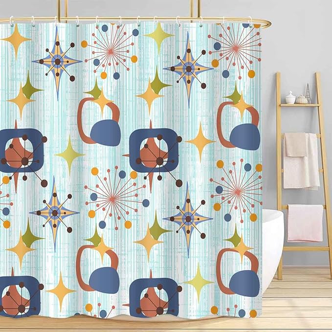 Mid Century Shower Curtain, 60x72inch, Modern Abstract Retro Blue Striped Geometric Shower Curtain Sets 1950s Boho Bathroom Shower Curtain with 10 Hooks
