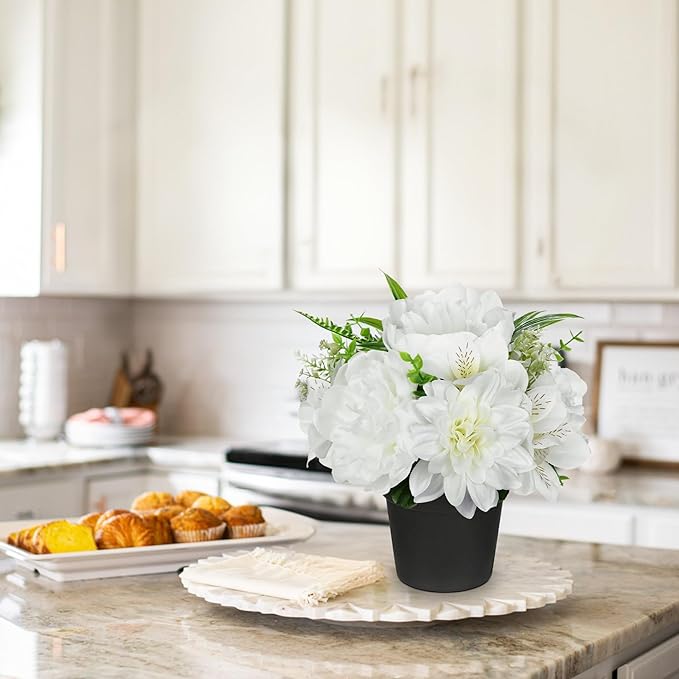 White Artificial Flowers Small Fake Flowers in Vase Peonies Dahlia Tiger Lily Potted Silk Flower Arrangements Faux Plants & Flowers Home Bathroom Kitchen Table Centerpieces Desk Decor