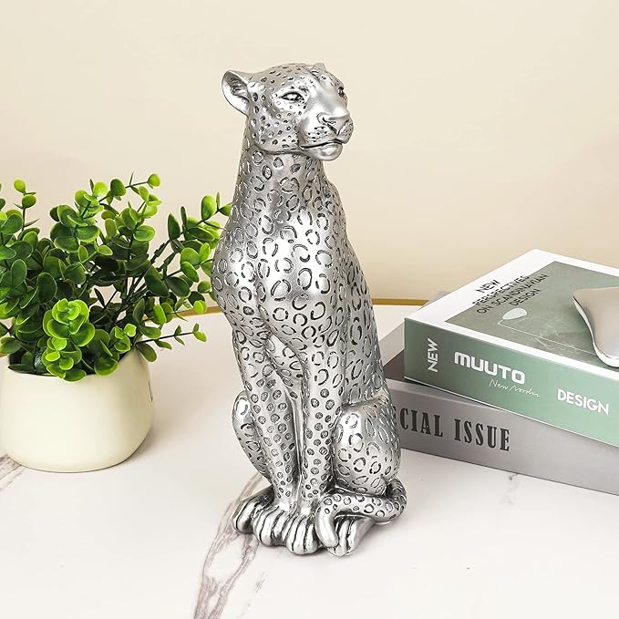 Cheetah Statue Home Decor Leopard Sculpture Resin Sitting Cheetah Figurine Desktop Table Top Ornament Decoration for Home Office Silver