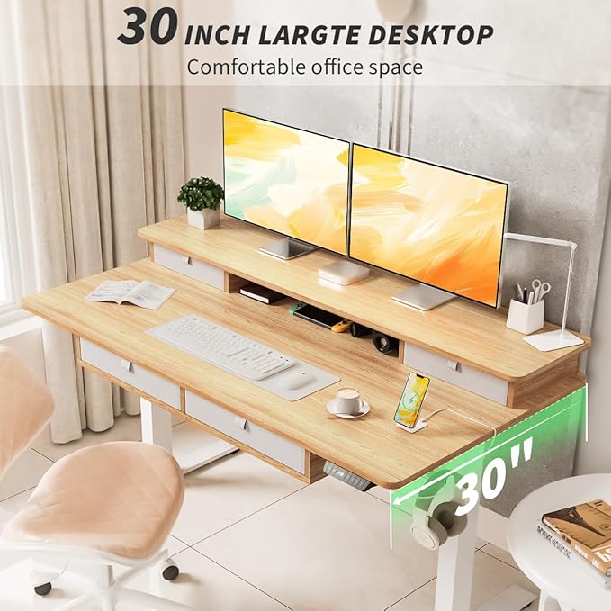 Kingant Standing Desk with Fast Charging USB Ports, 48" x 30" Height Adjustable Home Office & Gaming Desk, Sit Stand Desk with Built-in Storage Shelf, Hook & Ergonomic Design(Maple)