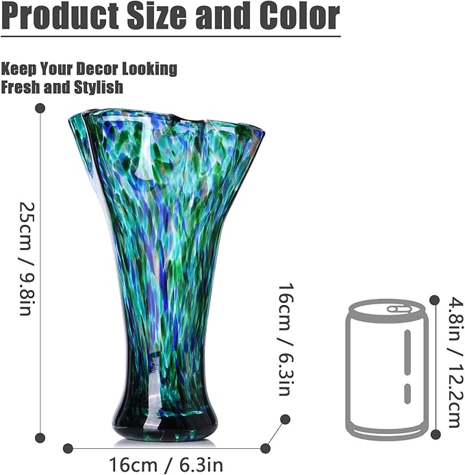 9.8" Tall Teal Blue Hand Blown Glass Vases for Home Decor,Modern Wide Mouth Ruffle Flower Vase Table Centerpieces,Colored Coastal Sea Glass Art for Bookshelf,Bathroom,Counterto,Wedding
