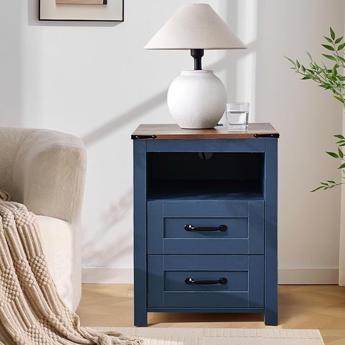 Farmhouse Night Stand, Rustic Blue Nightstand for Bedroom, End Tables Without Charging Station, Bedside Table with Drawers, Wood Bedside Cabinet Dresser