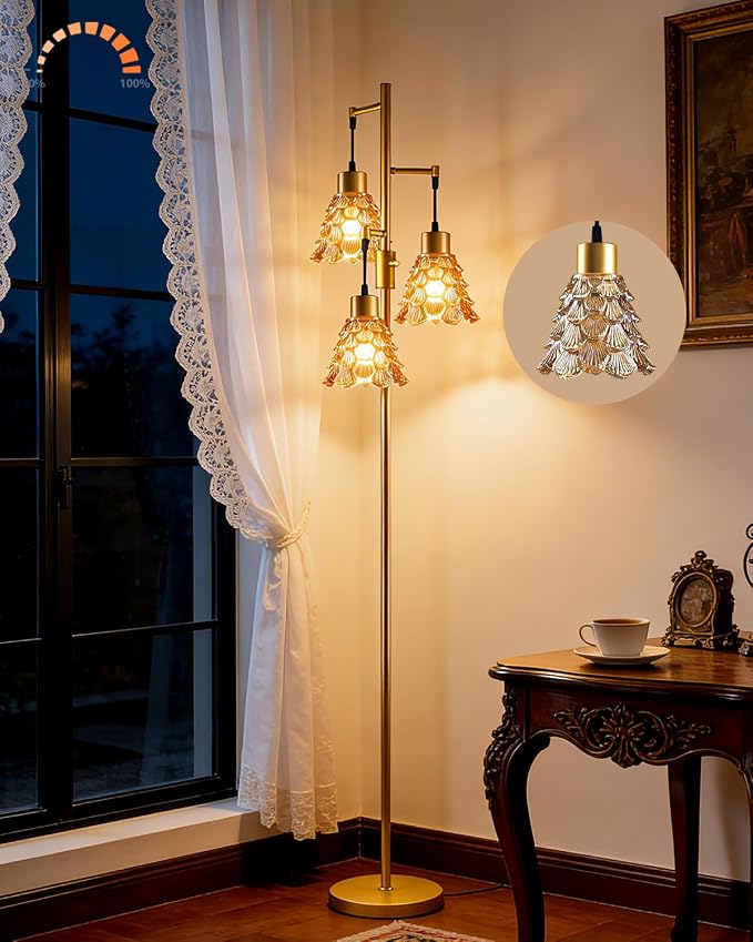 Lightdot 67" Glass Floor Lamps for Living Room, 3-Light Dimmable Floor Lamp with Amber Glass Shade& Bulbs Included, Mid Century Standing Tall Lamp with 5Lbs Heavy Base for Bedroom/Sofa Beside-Gold