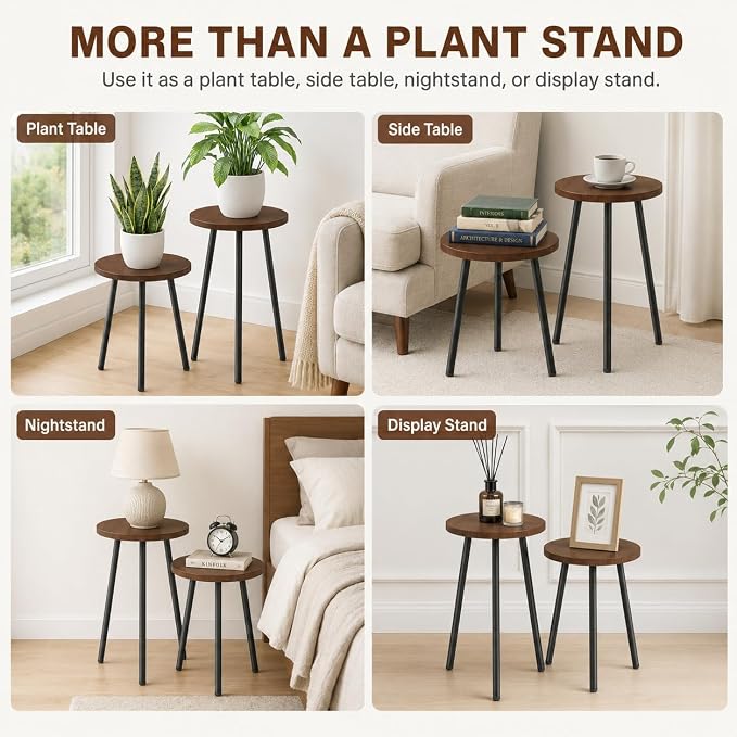2 Pack Plant Stand Set: Small Round Plants Stand Indoor Wood Grain Plant Tables with Metal Legs - Indoor Outdoor Plant Stands for Living Room, Bedroom, Patio, Balcony, Brown, 150 lbs Capacity