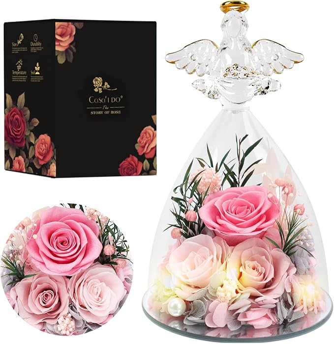 Casaido Christmas Rose Gifts for Women, 7" Pink Preserved Roses Flowers in Glass Angel Figurine, Birthday Gift for Mom Wife Grandma, Eternal Rose for Mothers Day Valentines Anniversary