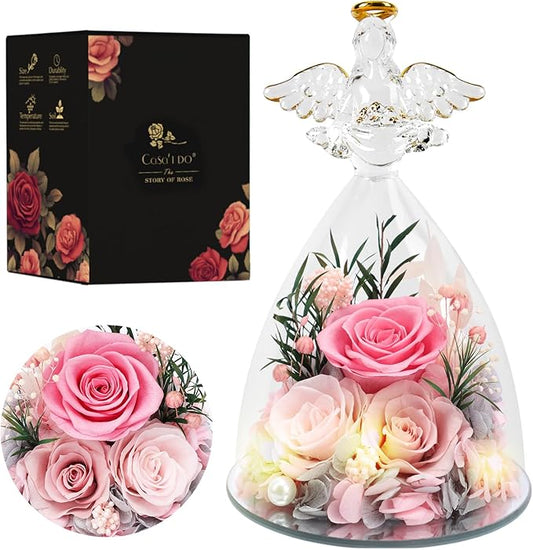 Casaido Christmas Rose Gifts for Women, 7" Pink Preserved Roses Flowers in Glass Angel Figurine, Birthday Gift for Mom Wife Grandma, Eternal Rose for Mothers Day Valentines Anniversary