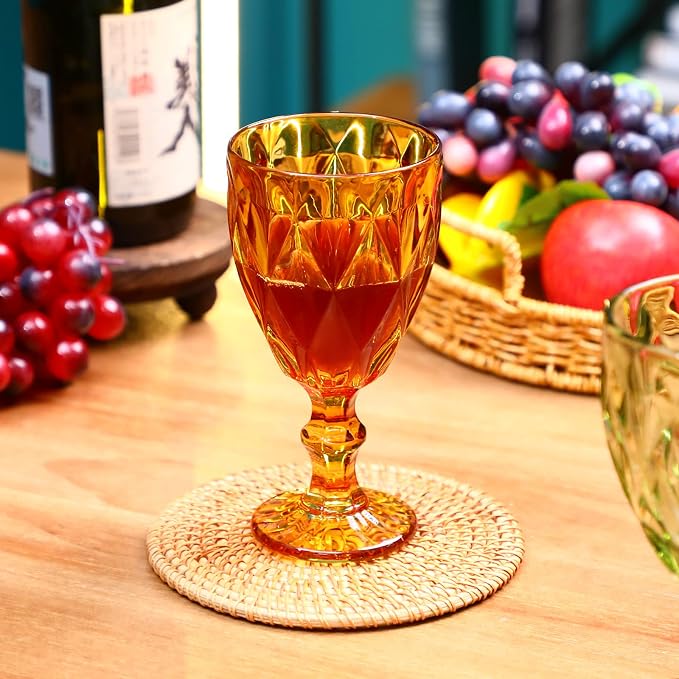 Yinder Glass Goblet Vintage Wine Goblet Embossed Glassware 10 oz Solid Color Glass Stemmed Cups for Iced Tea Beverage Soda Juice Water Liquor and Party Wedding Bars Restaurants(Amber,12 Pack)