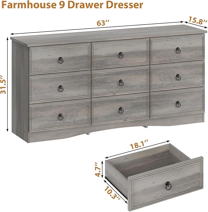 9 Drawer Dresser for Bedroom, 63'' Grey Chest of Drawers Wood, Large Storage for Clothes, Vintage Design, for Living Room, Bedroom, Hallway