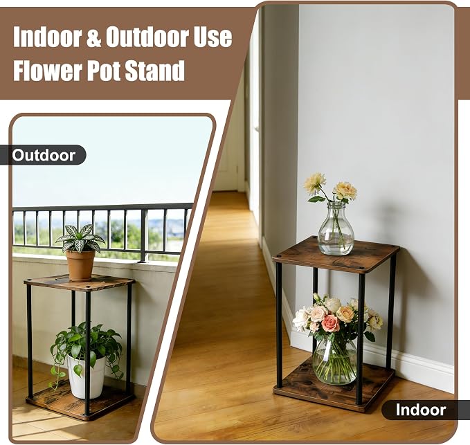 Vigordream Plant Stand Indoor Outdoor 2 Tier Metal Plant Shelf Tall Pedestal Stand Flower Pot Stands Multiple Planter Support Rack for Corner Living Room, Balcony, Garden Patio (Retro Brown, 17 INCH)