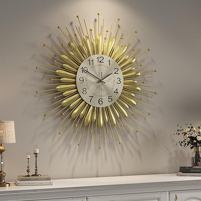 Cuspin 24 Inch Gold Wall Clock, Large Mid Century Modern Clock Sunburst Decorative Design, Silent Non Ticking Battery Operated Metal Wall Clock for Living Room, Bedroom, Kitchen, Office