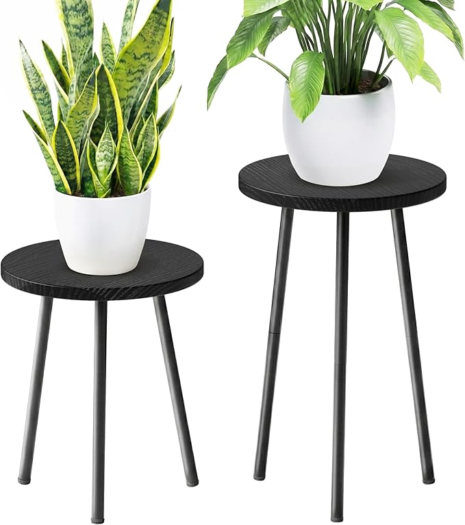 Plant Stand Indoor Tall: Corner Wood Plant Stand 2 Pack Mid Century Modern Decor - Small Round Plant Table for Indoor Plants - Outdoor Plant Holder for Patio Living Room Bathroom Office (Black)