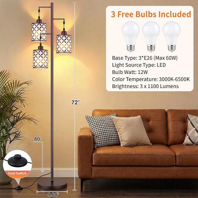 Dimmable Floor Lamp, Farmhouse Standing Lamp with Elegant Metal Cage, Industrial Tall Tree Floor Lamps for Living Room, Bedroom, Study Room, Office, 3 x 1100LM LED Bulbs Included, 72",Brown