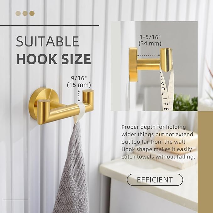 Angle Simple Bathroom Double Hook Brushed Dark Gold, SUS304 Stainless Steel Bath Towel Holder, Double Robe Hanger Wall Mount