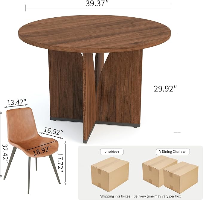 HIPIHOM Modern Round Dining Table Set for 4, 39.4" Walnut Kitchen Table with 4 PU Leather Chairs, 5-Piece Mid-Century Dining Room Set for Small Spaces, Pedestal Base
