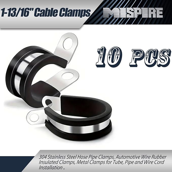 1-13/16 Inch Rubber Cable Clamps 10 PCS, 304 Stainless Steel Hose Pipe Clamps, Automotive Wire Rubber Insulated Clamps, Metal Clamps for Tube, Pipe and Wire Cord Installation