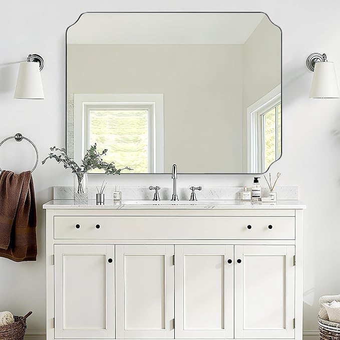 ANDY STAR 36x48 Inch Chrome Mirror, Large Polished Nickel Rectangle Mirror, Scalloped Bathroom Mirror in Anti-Rust Stainless Steel Frame Deep 1’’, Rounded Notched Corner, Vertically/Horizontally