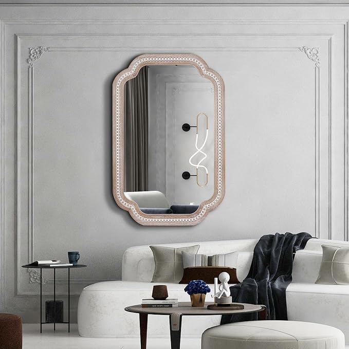36x24 Inch Boho Wooden Scalloped Decorative Wall Mirror, Rustic Farmhouse Bathroom Mirrors for Over Sink, Entryway, Living Room, Bedroom, Hallway, Vertical or Horizontal