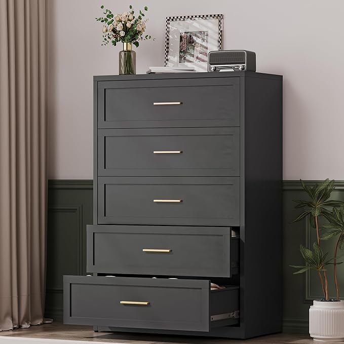 Black Metal Dresser with 5 Drawer，48" Tall Chest of Drawers with Wide Metal Handle,Drawer Organizer for Bedroom,Living Room,Hallway and Entryway