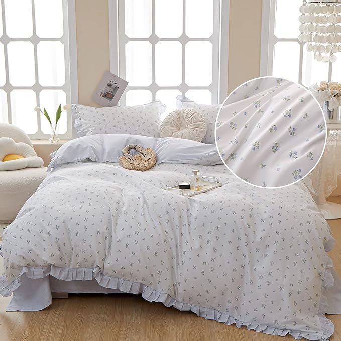 Reversible Ruffle Comforter Set Full Size Vintage Botanical Floral Bedding Comforter with 2 Pillowcases Boho Blue Floral Comforter Girls Flowers Coquette Bedding Set Fluffy Farmhouse Bed Comforter Set