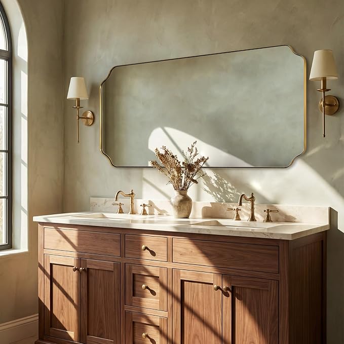 ANDY STAR 30"x60" Large Bathroom Mirror, Gold Scalloped Mirror for Bathroom, Brushed Brass Full Length Wall Mirror with Rust-Proof Stainless Steel Frame, Hangs Vertically or Horizontally