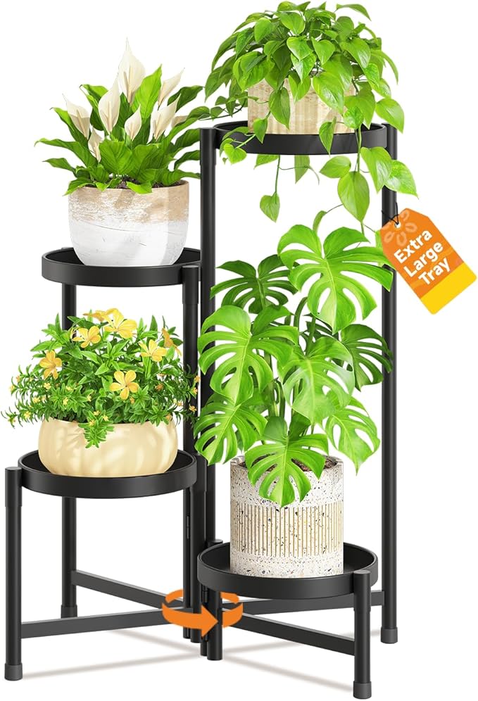 LASZOLA 4 Tier Large Plant Stand Indoor Tall with 10 Inch Metal Tray, Corner Folding Flower Display Rack, Modern Plant Holder Shelf for Outdoor Patio Porch Garden Office Living Room, Black