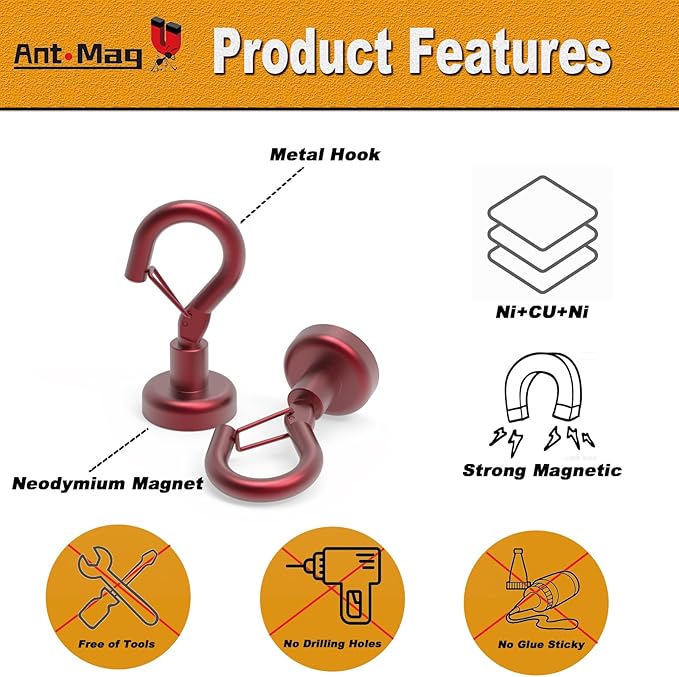 Ant Mag Magnetic Hooks Heavy Duty with Snap 22lbs Strong Red Magnet Hooks Great Hanging for Refrigerator, Cruise Cabin, Grill, Wreath,Kitchen,Office 8 Pack