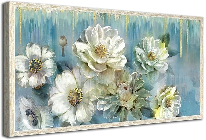 Ardemy Teal Canvas Wall Art Large Framed Magnolia White Floral Pictures Wall Decor Textured Painting Flowers Turquoise Artwork for Living Room Bedroom Dining Room Home Office, 58"x29"