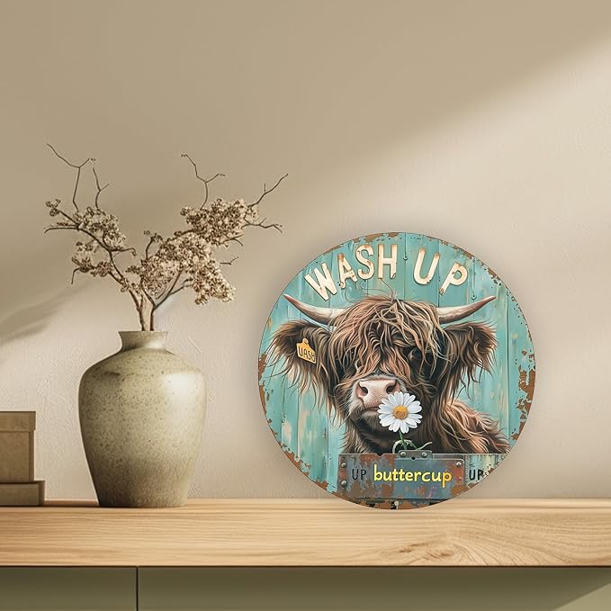 Round Aluminum Highland Cow Wall Art Sign with Daisy - Waterproof, UV Resistant Wash Up Buttercup Metal Poster Board for Cafe, Bedroom, Bar, Living Room Decor, 8x8 inch