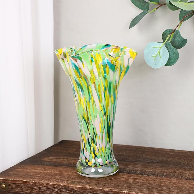 9.0"H Green Glass Vases for Flowers, Unique Hand Blown Glass Vase Green Gold Home Decor, Wide Mouth Colorful Flower Vase Centerpieces, For Living Room Table Bookshelf, Bathroom Office Shelf Decorative
