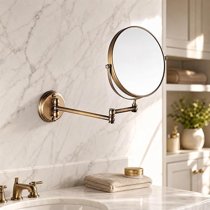 7Trees 8-Inch Retro Bathroom Folding Wall Mount Make-Up Mirror Flip Telescopic Beauty Mirror (Antique Brass)