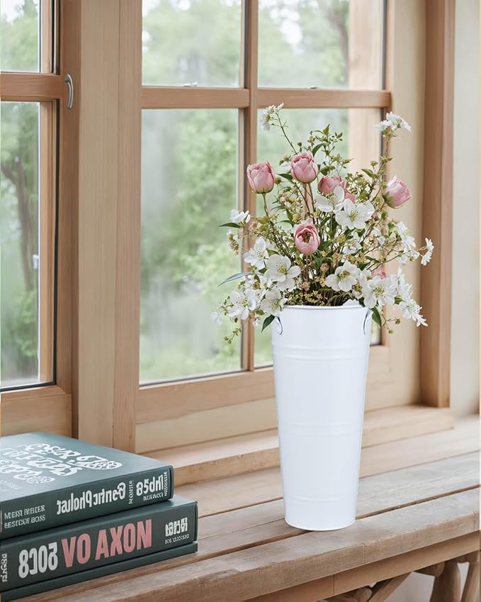 9 Inch Galvanized Metal Vases for Flowers - 2 Pcs Farmhouse Decorative Tall Flower Bucket with Handles, Rustic French Tin Planter Buckets for Wedding Decor (Pure White)